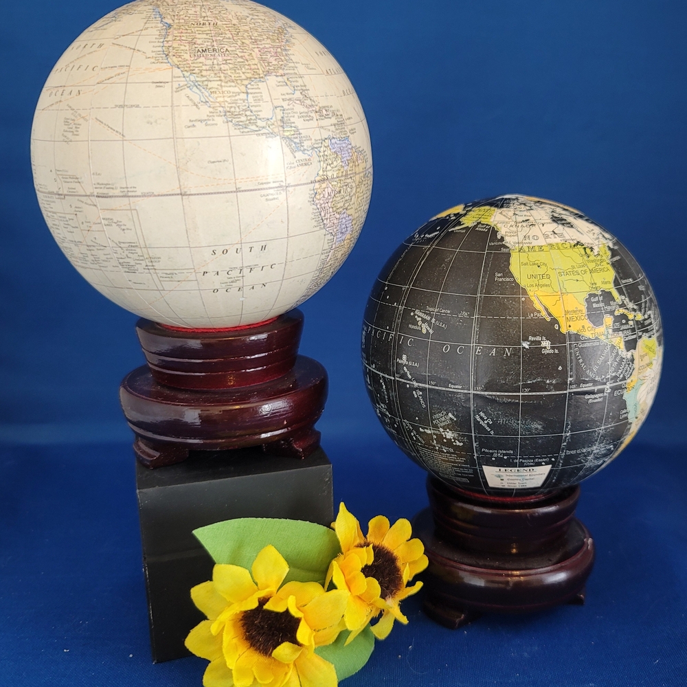 As New! 4 Piece Elegant 5" Globe, Orb, Sphere Ball Set w/ Wooden Rotating Stands